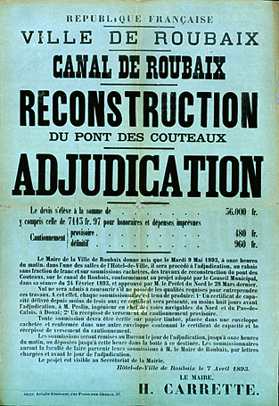 <b><i>Canal de Roubaix : reconstruction du pont des Couteaux : adjudication.</b></i><br/>Affiche du 7 avril 1893 (Archives municipales de Roubaix)