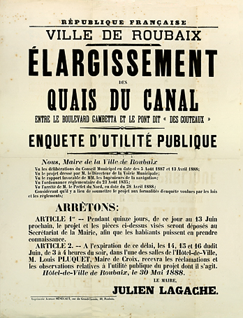 <b><i>Elargissement des quais du canal entre le boulevard Gambetta et le pont des Couteaux. </b></i><br/>Affiche du 30 mai 1888 (Archives municipales de Roubaix)