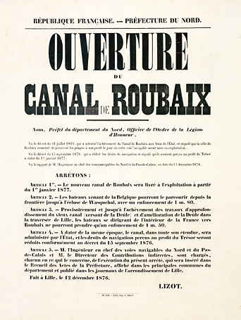 <b><i>Arrêté municipal pour l’ouverture du canal de Roubaix.</b></i><br/>Affiche (Archives municipales de Roubaix)