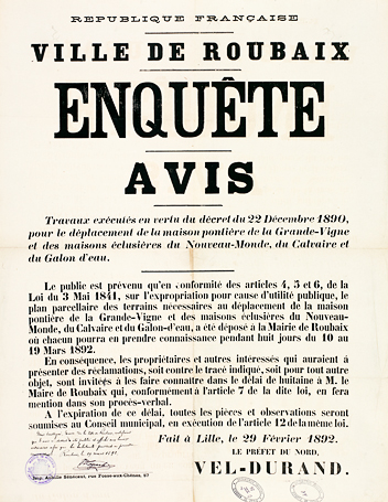 <b><i>Enquête du 29 février 1892 : avis des travaux exécutés [...].</b></i><br/>Affiche (Archives municipales de Roubaix)
