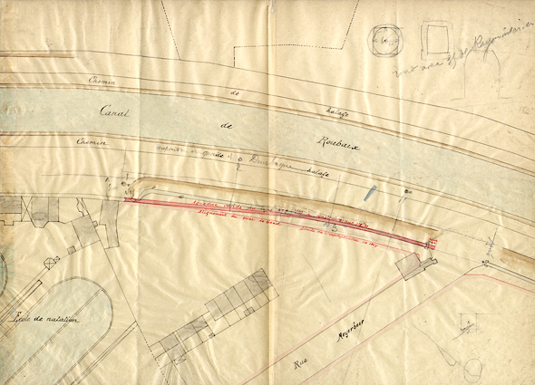 <b><i>Plan d'un aqueduc de 1m80 d'ouverture destiné à alimenter la tranchée de la Madeleine.</b></i><br/>Plan en couleur (Archives Municipales de Roubaix)