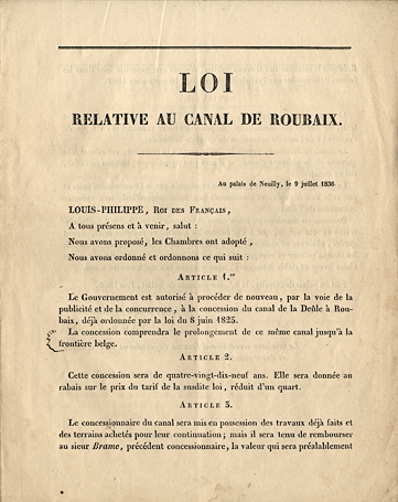 <b><i>Nouveau projet de loi relatif au canal de Roubaix. </b></i><br/>Document tapuscrit (Archives municipales de Roubaix)