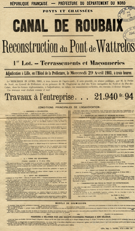 <b><i>Canal de Roubaix : reconstruction du pont de Wattrelos le 29 avril 1903.</b></i><br/>Affiche (Archives municipales de Roubaix)