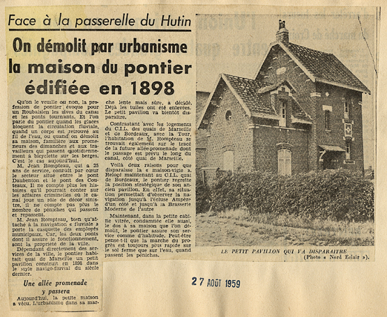 <b><i>Démolition de la maison pontière quai de Marseille / Voix du Nord.</b></i><br/>Article de journal (Archives municipales de Roubaix)