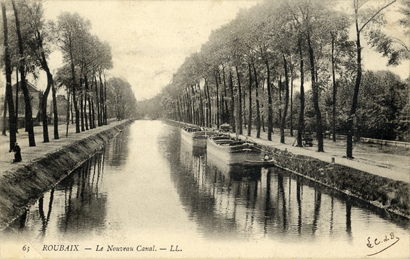 <b><i>Le nouveau canal de Roubaix.</b></i><br/>Carte postale noir et blanc (Médiathèque municipale de Roubaix)