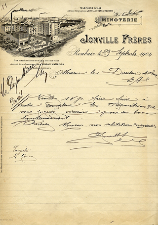 <b><i>Lettre à en-tête de la Minoterie Jonville frères datant du 29 septembre 1904.</b></i><br/>Document manuscrit (Médiathèque municipale de Roubaix)
