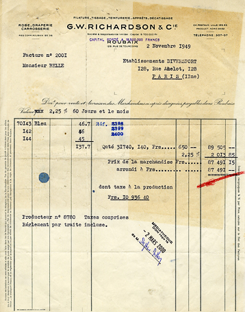 <b><i>Facture de l’usine Richardson datant du 2 novembre 1949.</b></i><br/>Document tapuscrit (Médiathèque municipale de Roubaix)